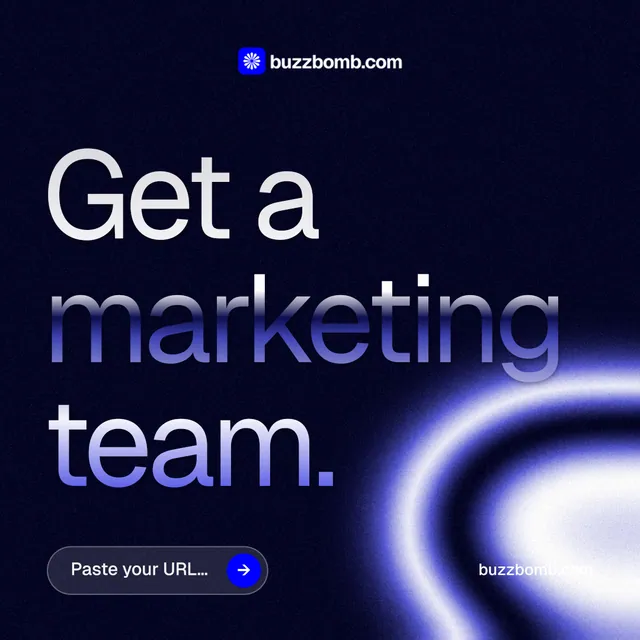 Instagram post for BuzzBomb: "Get a marketing team." Agentic glass style, poster layout, dark palette in black, blue.