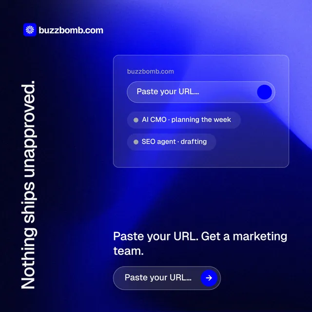 Instagram post for BuzzBomb: "Nothing ships unapproved." Agentic glass style, vertical layout, dark palette in black, blue.