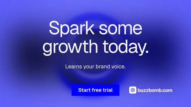 Landscape graphic for BuzzBomb: "Spark some growth today." Swiss style, centred layout, dark palette in blue.