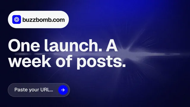 Landscape graphic for BuzzBomb: "One launch. A week of posts." Agentic glass style, announce layout, dark palette in black, blue, grey.