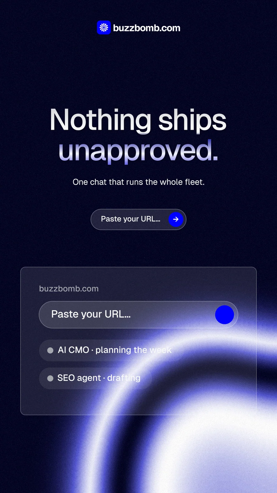 Instagram story for BuzzBomb: "Nothing ships unapproved." Agentic glass style, centred layout, dark palette in black, blue.