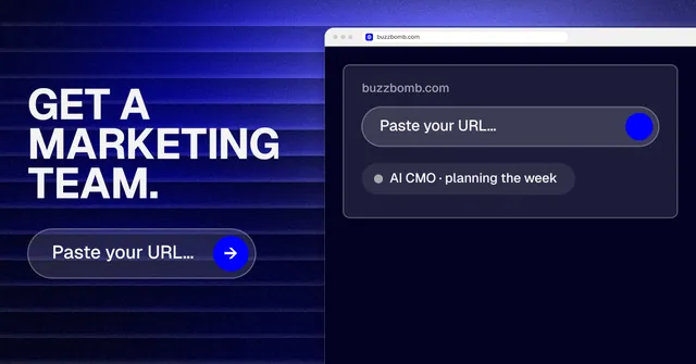 Social ad for BuzzBomb: "Get a marketing team." Agentic glass style, browser layout, dark palette in black, blue.