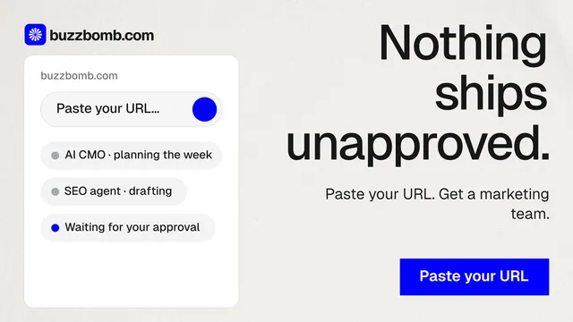 Landscape graphic for BuzzBomb: "Nothing ships unapproved." Swiss style, right layout, light palette in white, blue.