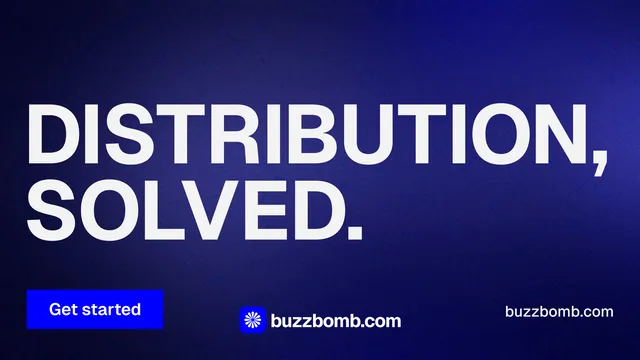 Landscape graphic for BuzzBomb: "Distribution, solved." Swiss style, poster layout, dark palette in blue, white.