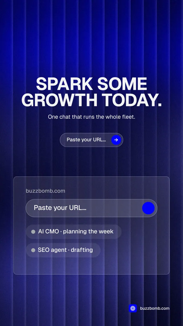 Instagram story for BuzzBomb: "Spark some growth today." Agentic glass style, centred layout, dark palette in blue, grey.