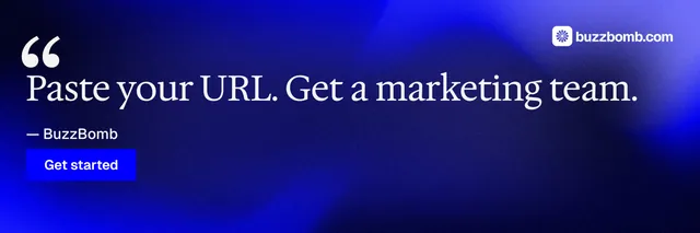X header for BuzzBomb: "Get a marketing team." Swiss style, quote layout, dark palette in blue.