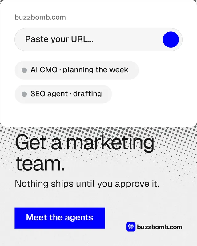 Instagram portrait post for BuzzBomb: "Get a marketing team." Swiss style, skeleton layout, light palette in white, blue.