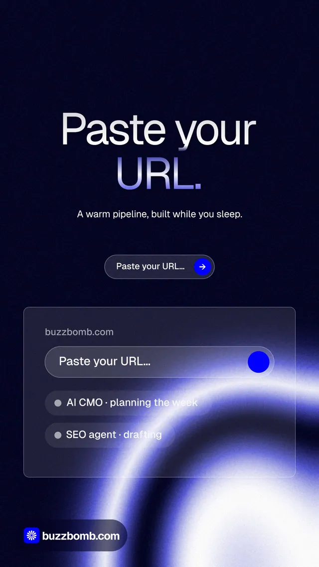 Instagram story for BuzzBomb: "Paste your URL." Agentic glass style, centred layout, dark palette in black, blue.