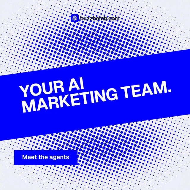 Instagram post for BuzzBomb: "Your AI marketing team." Swiss style, diagonal layout, light palette in blue, white.