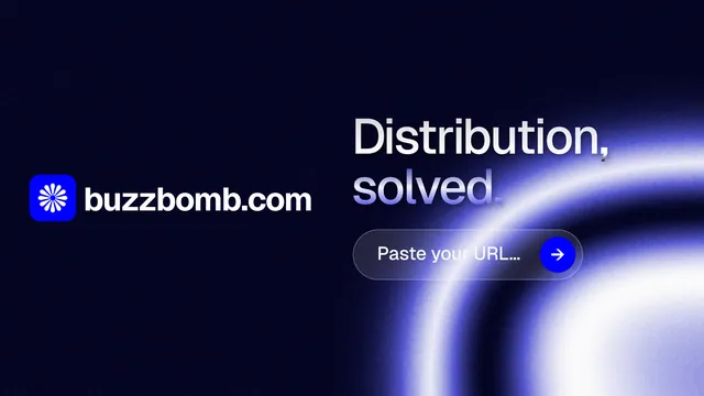 Landscape graphic for BuzzBomb: "Distribution, solved." Agentic glass style, logo hero layout, dark palette in black, blue.