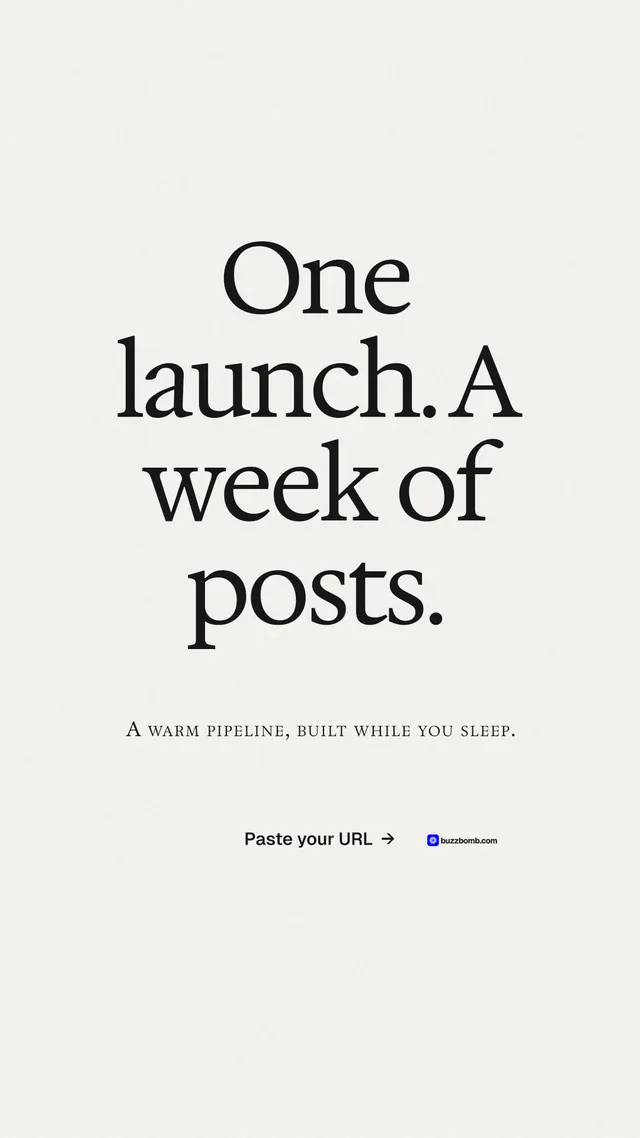 Instagram story for BuzzBomb: "One launch. A week of posts." Swiss style, smallcaps layout, light palette in white, grey.