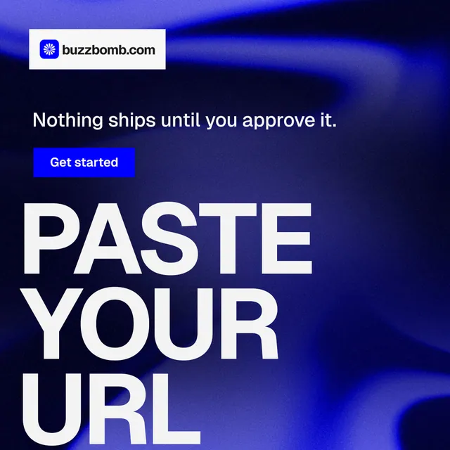 Instagram post for BuzzBomb: "Paste your URL." Swiss style, oversized layout, dark palette in black, blue, white.