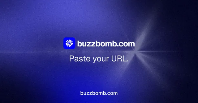 Social ad for BuzzBomb: "Paste your URL." Swiss style, end card layout, dark palette in black, blue.