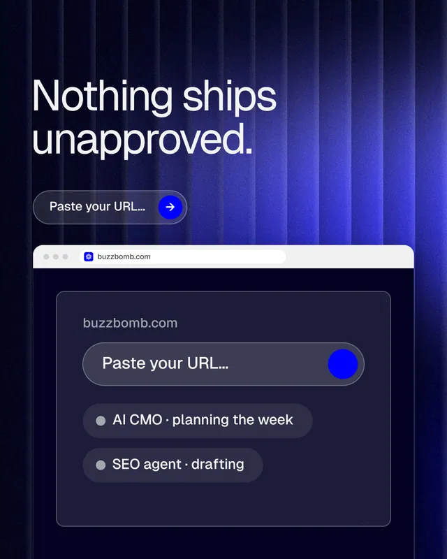 Instagram portrait post for BuzzBomb: "Nothing ships unapproved." Agentic glass style, browser layout, dark palette in blue, black, grey.