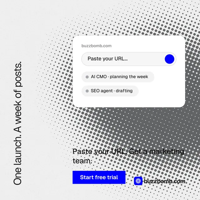 Instagram post for BuzzBomb: "One launch. A week of posts." Swiss style, vertical layout, light palette in white, grey.