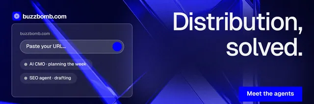 X header for BuzzBomb: "Distribution, solved." Swiss style, right layout, dark palette in blue, black.