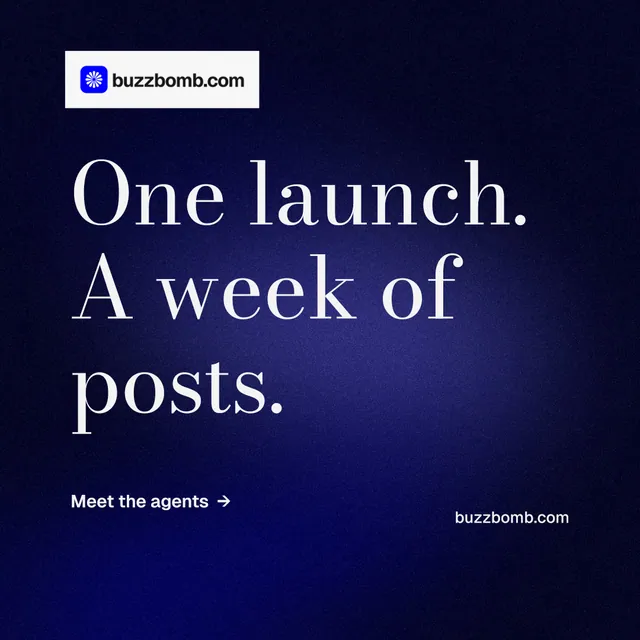 Instagram post for BuzzBomb: "One launch. A week of posts." Minimal luxury style, poster layout, dark palette in black, blue, grey.