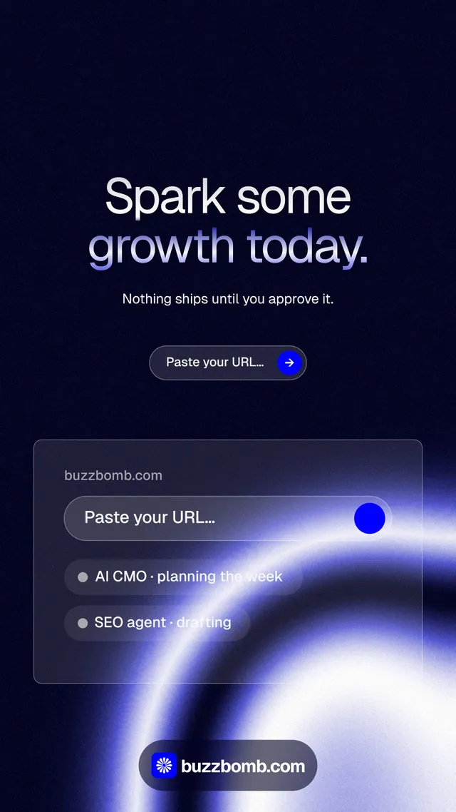 Instagram story for BuzzBomb: "Spark some growth today." Agentic glass style, centred layout, dark palette in black, blue.