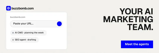 X header for BuzzBomb: "Your AI marketing team." Swiss style, right layout, light palette in white, blue.
