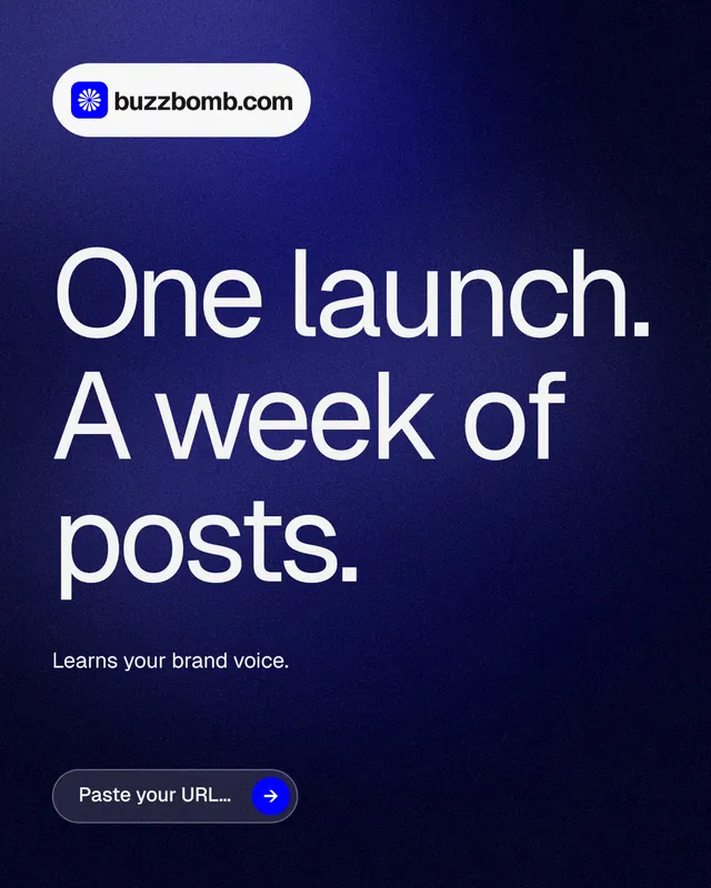 Instagram portrait post for BuzzBomb: "One launch. A week of posts." Agentic glass style, announce layout, dark palette in black, blue, grey.