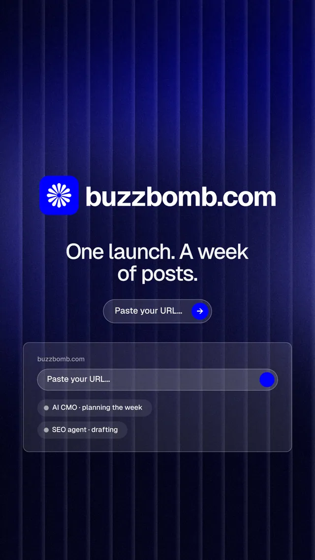 Instagram story for BuzzBomb: "One launch. A week of posts." Agentic glass style, logo hero layout, dark palette in black, blue.