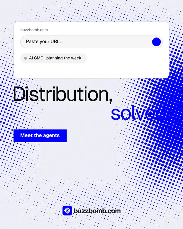 Instagram portrait post for BuzzBomb: "Distribution, solved." Split block style, stacked layout, light palette in blue, white.