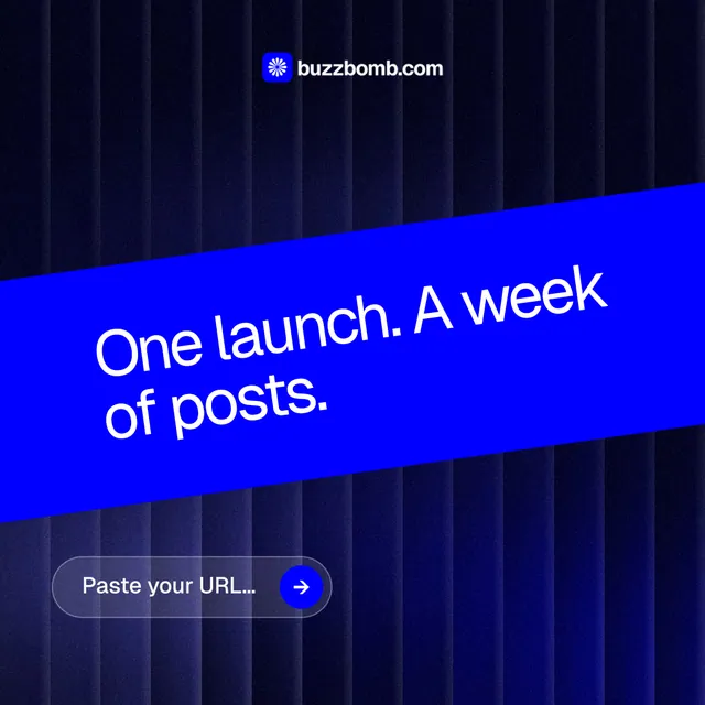 Instagram post for BuzzBomb: "One launch. A week of posts." Agentic glass style, diagonal layout, dark palette in blue.
