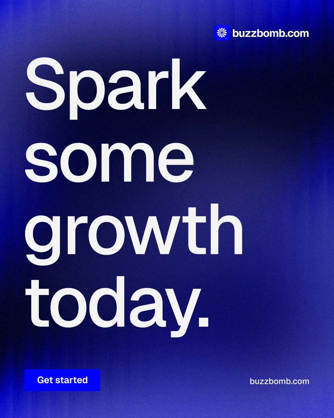 Instagram portrait post for BuzzBomb: "Spark some growth today." Swiss style, poster layout, dark palette in blue, grey.
