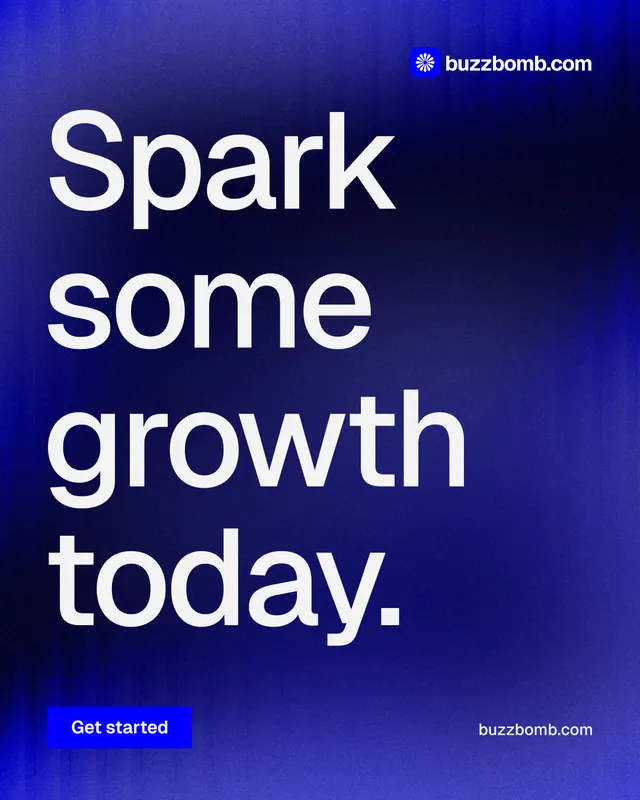 Instagram portrait post for BuzzBomb: "Spark some growth today." Swiss style, poster layout, dark palette in blue, grey.