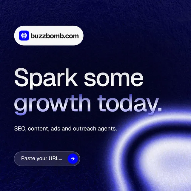 Instagram post for BuzzBomb: "Spark some growth today." Agentic glass style, announce layout, dark palette in black, blue.