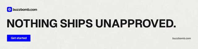 LinkedIn banner for BuzzBomb: "Nothing ships unapproved." Swiss style, poster layout, light palette in white, grey.