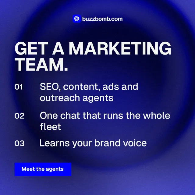 Instagram post for BuzzBomb: "Get a marketing team." Swiss style, numbered layout, dark palette in blue.