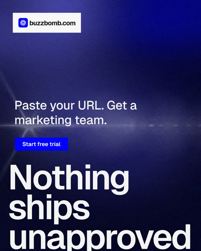 Instagram portrait post for BuzzBomb: "One launch. A week of posts." Swiss style, oversized layout, dark palette in blue, black, grey.