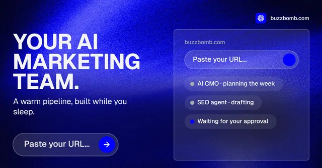 Social ad for BuzzBomb: "Your AI marketing team." Agentic glass style, bottom layout, dark palette in blue.
