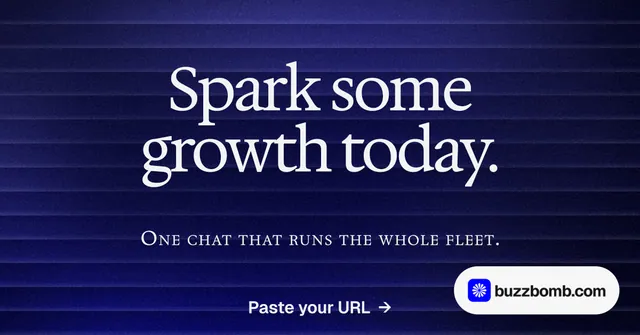 Social ad for BuzzBomb: "Spark some growth today." Agentic glass style, smallcaps layout, dark palette in blue, grey.