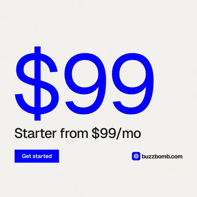 Instagram post for BuzzBomb: "Get a marketing team." Swiss style, stat layout, light palette in white, blue.