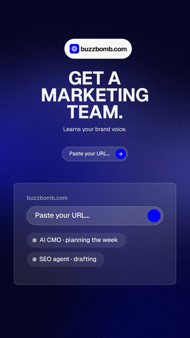 Instagram story for BuzzBomb: "Get a marketing team." Agentic glass style, centred layout, dark palette in black, blue, grey.