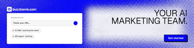 LinkedIn banner for BuzzBomb: "Your AI marketing team." Brutalist style, right layout, light palette in blue, white.