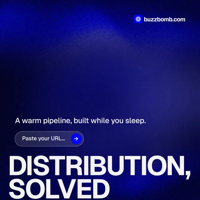 Instagram post for BuzzBomb: "Distribution, solved." Agentic glass style, oversized layout, dark palette in blue, grey.