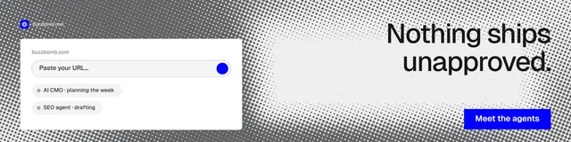 LinkedIn banner for BuzzBomb: "Nothing ships unapproved." Split block style, right layout, light palette in grey, white.
