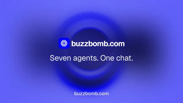 Landscape graphic for BuzzBomb: "Seven agents. One chat." Agentic glass style, end card layout, dark palette in blue.