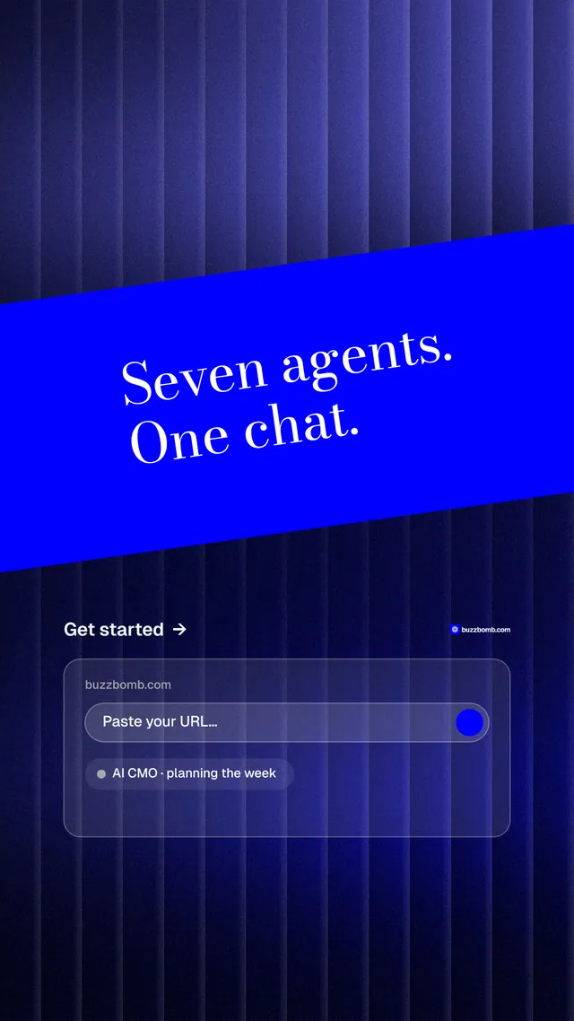 Instagram story for BuzzBomb: "Seven agents. One chat." Minimal luxury style, diagonal layout, dark palette in black, blue.