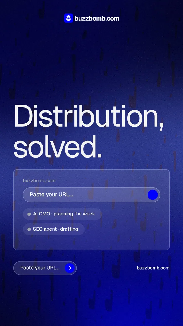 Instagram story for BuzzBomb: "Distribution, solved." Agentic glass style, poster layout, dark palette in blue.