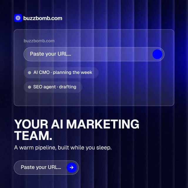 Instagram post for BuzzBomb: "Your AI marketing team." Agentic glass style, bottom layout, dark palette in black, blue.
