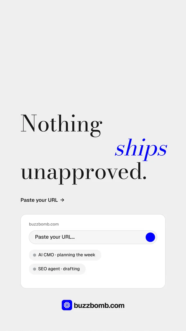 Instagram story for BuzzBomb: "Nothing ships unapproved." Minimal luxury style, stacked layout, light palette in white.