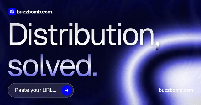 Social ad for BuzzBomb: "Distribution, solved." Agentic glass style, poster layout, dark palette in blue, black.