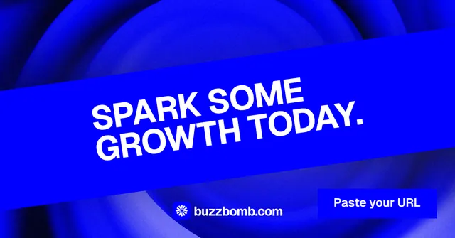Social ad for BuzzBomb: "Spark some growth today." Swiss style, diagonal layout, dark palette in blue.