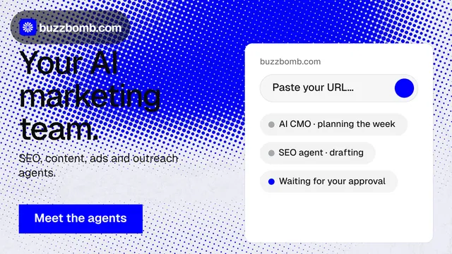 Landscape graphic for BuzzBomb: "Your AI marketing team." Split block style, bottom layout, light palette in white, blue.