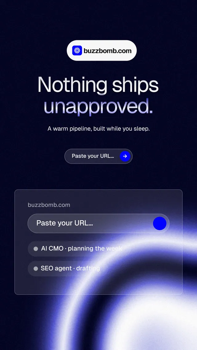 Instagram story for BuzzBomb: "Nothing ships unapproved." Agentic glass style, centred layout, dark palette in black, blue.