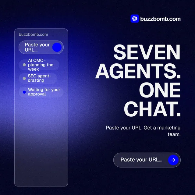Instagram post for BuzzBomb: "Seven agents. One chat." Agentic glass style, right layout, dark palette in black, blue.